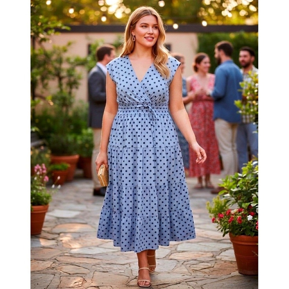 NEW 100% Cotton Blue Polka Dot Maxi Dress Large (P) Bows Elastic Waist Tiered